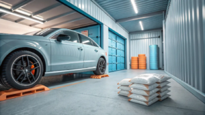 A car properly prepared for long-term storage inside a clean, modern storage unit, featuring tire ramps, moisture absorber packs, and a professional facility setup.