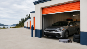 Silver car parked inside a drive-up storage unit on Vancouver Island