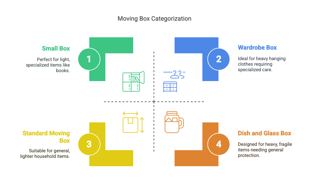 Moving box categorization chart showing four types: small box for books, wardrobe box for hanging clothes, standard moving box for lighter items, and dish box for fragile items