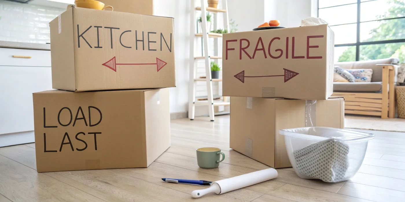 Cardboard moving boxes clearly labeled "KITCHEN," "FRAGILE," and "LOAD LAST" in a bright, modern home with packing supplies on the floor.