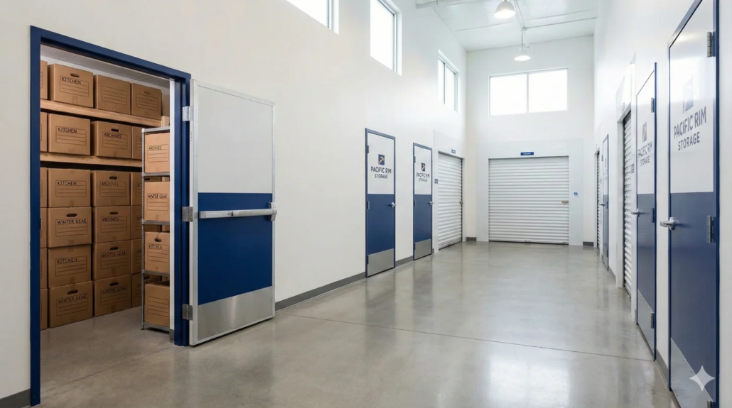 Open indoor storage unit filled with neatly stacked labeled boxes in a clean, modern storage facility hallway.