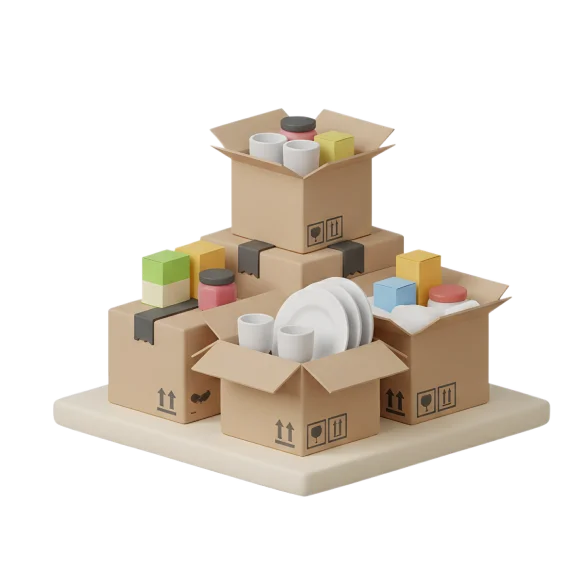Kitchen items packed for storage with dish boxes, padded wrapping, and labeled containers