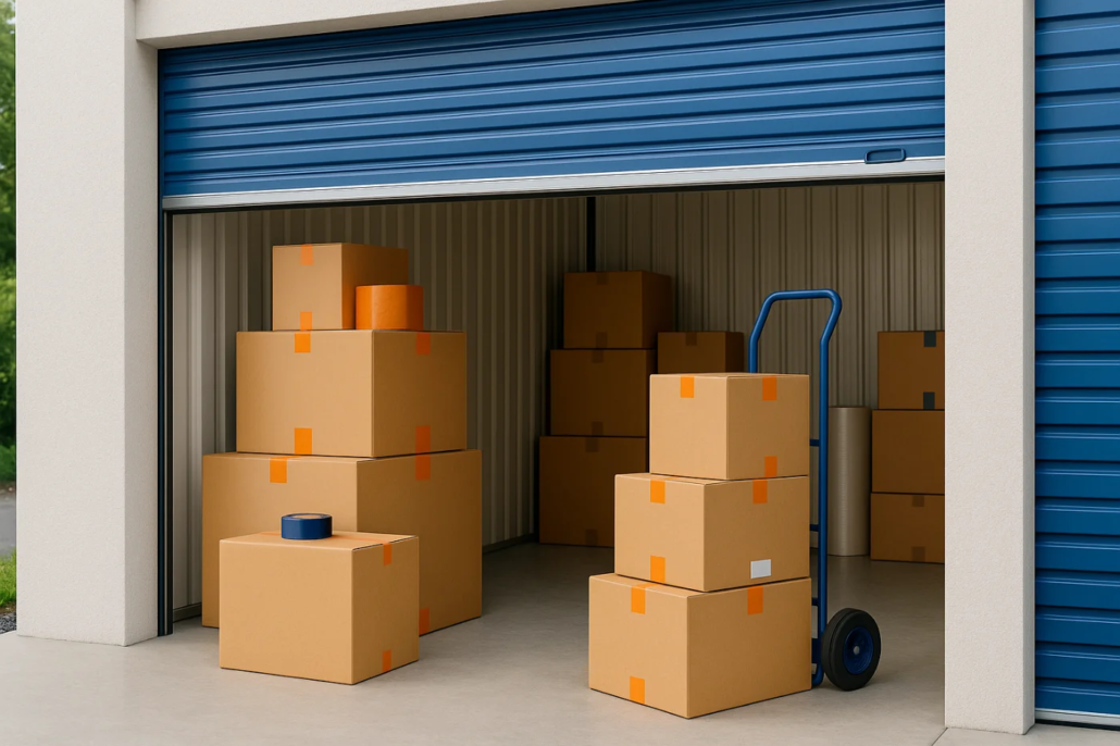 Open storage unit with neatly stacked moving boxes and a hand truck at Pacific Rim Storage in Victoria.