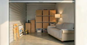 Open self storage unit with neatly stacked moving boxes, a covered sofa, framed artwork, and organized household items