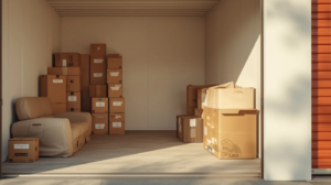 Open self storage unit with neatly stacked moving boxes, a covered armchair, and organized household items placed along the walls