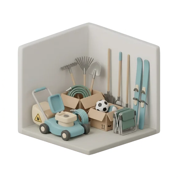 Outdoor tools, sports equipment, and garden items packed in labeled boxes for storage