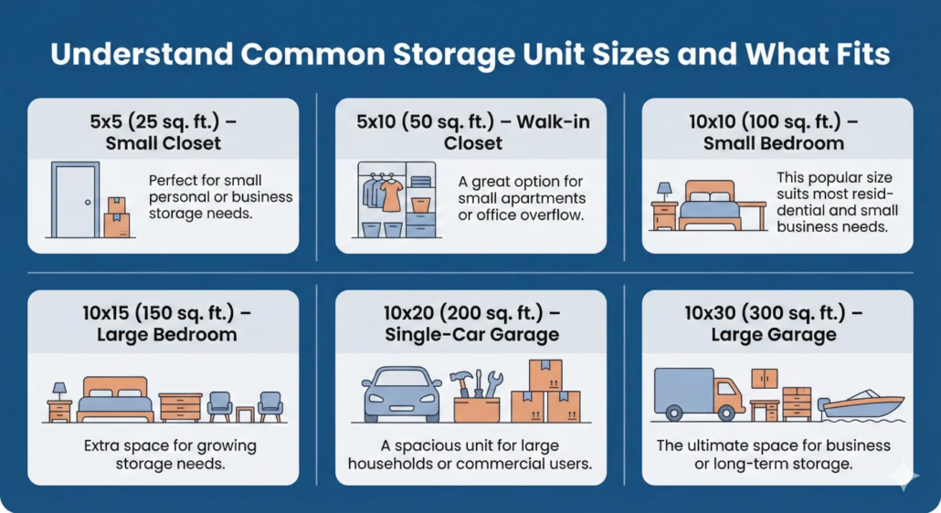Infographic showing common storage unit sizes from 5x5 to 10x30 with examples of what fits inside each unit, created by Pacific Rim Storage for Victoria customers.
