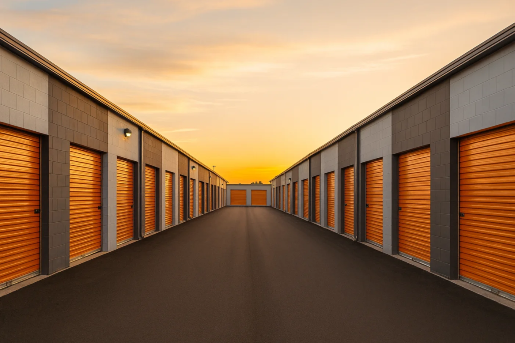 Wide view of orange-door storage units at sunset in Victoria, BC, showing a clean and well-lit outdoor self-storage facility.