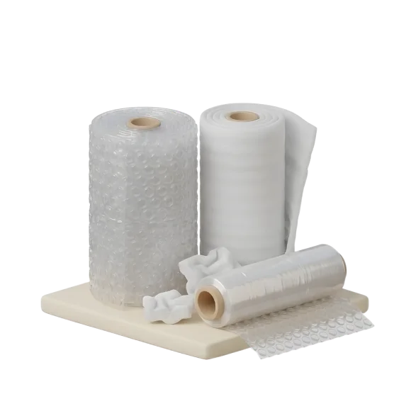 Bubble wrap, foam wrap, and stretch wrap rolls for protecting fragile items.