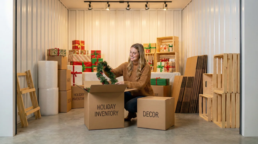 Local business owner organizing holiday inventory and décor inside a storage unit in Victoria