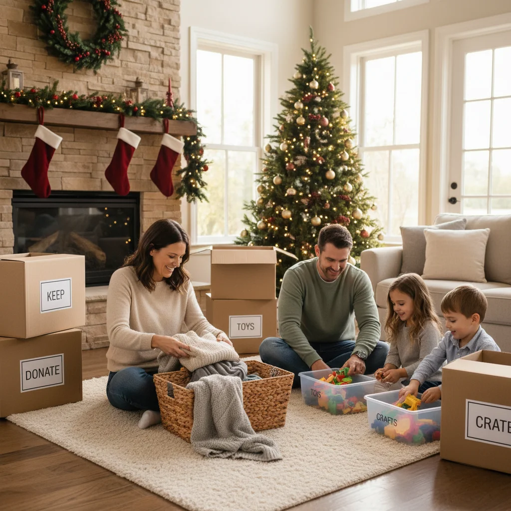A family working together to declutter their living room for the holidays, sorting toys and clothing into labeled boxes beside a decorated Christmas tree.