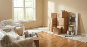 A room prepared for renovation with furniture covered in plastic, cardboard boxes labeled for storage, paint cans, a ladder, and packing materials.