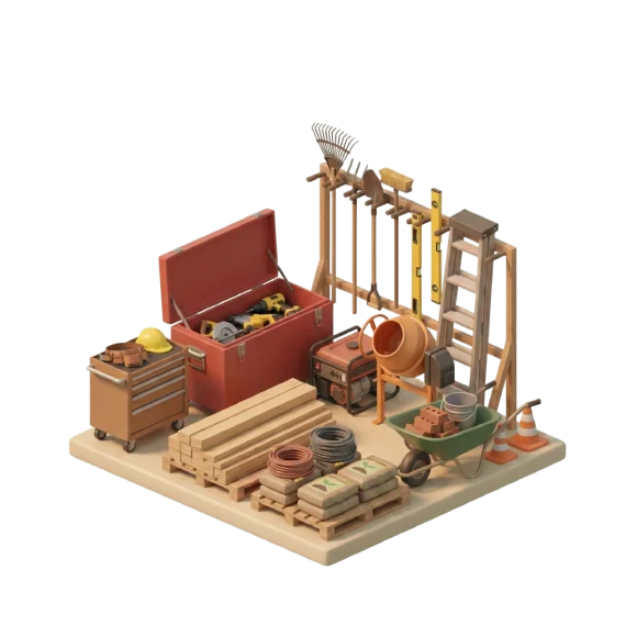 3D illustration of contractor tools including a tool chest, power tools, lumber, ladders, cables, and construction materials, representing contractor supplies suited for outdoor units.