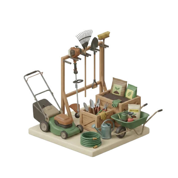 3D illustration featuring a lawnmower, gardening tools, seed bags, a wheelbarrow, and hose equipment, representing lawn and garden items commonly stored in outdoor storage containers.