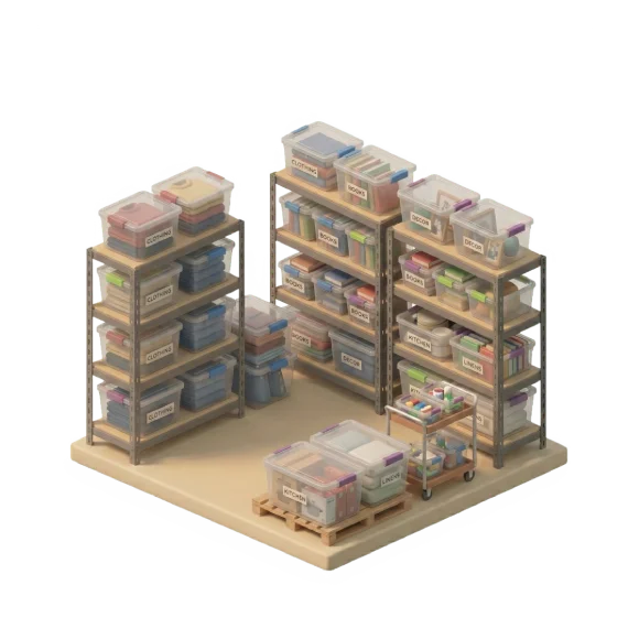 3D illustration of metal shelving filled with labeled plastic totes containing clothing, books, kitchenware, and household items, representing what can safely be stored in outdoor storage units.