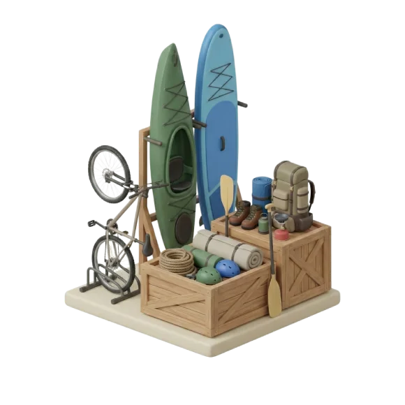3D illustration showing kayaks, bicycles, helmets, camping gear, and outdoor sports equipment organized in crates, representing recreational items suitable for outdoor storage units.