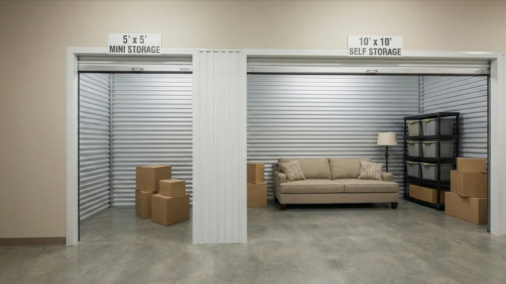 Side-by-side 5x5 mini storage and 10x10 self storage units showing size differences with boxes, shelves, and furniture.