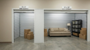 Side-by-side 5x5 mini storage and 10x10 self storage units showing size differences with boxes, shelves, and furniture.