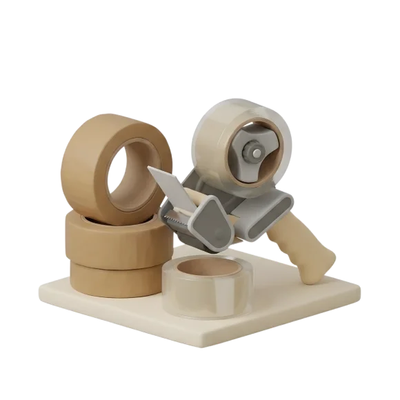 Packing tape rolls and a tape gun used for sealing moving boxes.