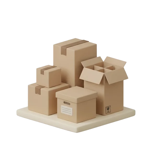 Stack of moving and storage boxes used for packing belongings.