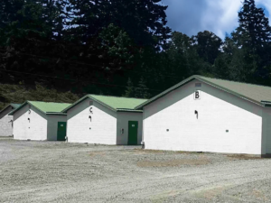 Cluster of ground level storage buildings with green doors and roofs at Pacific Rim Storage Mill Bay, surrounded by trees and natural landscape.