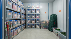 Short term storage unit in Victoria with organized holiday decorations and gifts