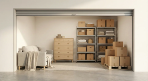 A clean, organized storage unit interior with a sofa, dresser, shelving, and neatly stacked moving boxes arranged to show unit size and capacity.