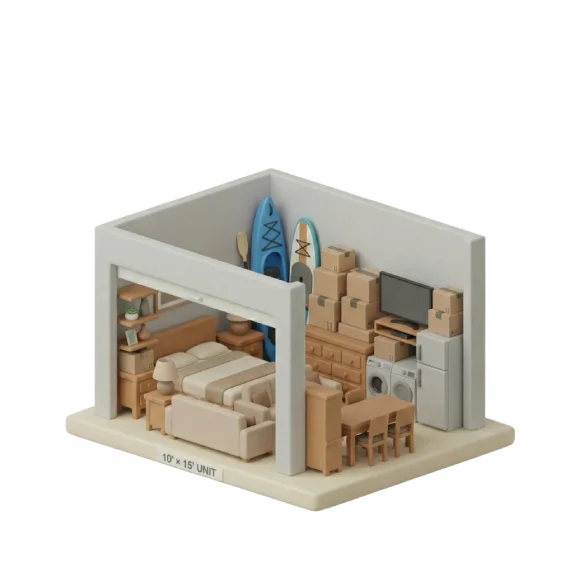 Illustration of a 10×15 storage unit showing furniture, appliances, boxes, and large items like kayaks.