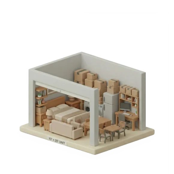 Illustration of a 10×20 storage unit packed with large furniture, appliances, boxes, and household items.