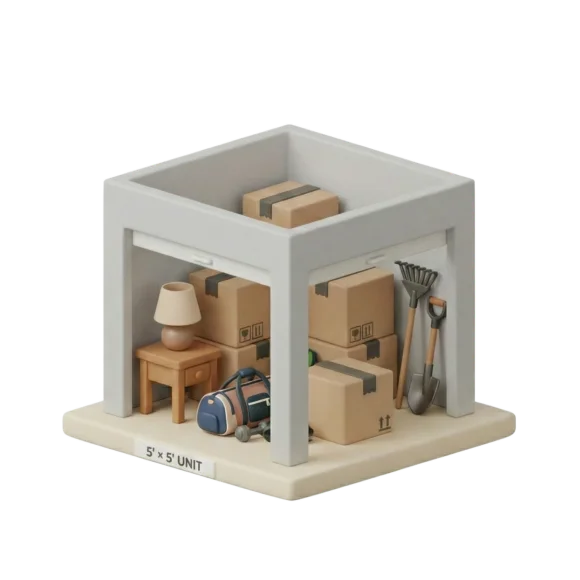 Illustration of a 5×5 storage unit showing boxes, a lamp, tools, and small household items.