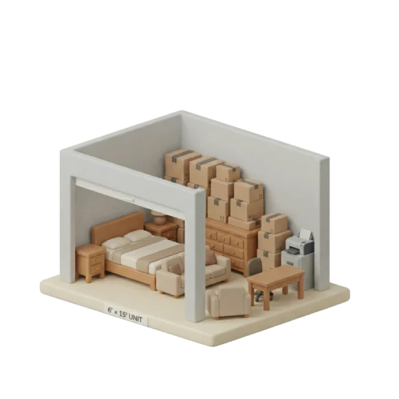 Illustration of a 6×15 storage unit containing bedroom furniture, boxes, and office items.
