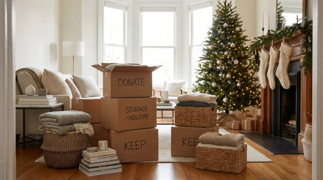 A neatly organized Victoria living room during holiday decluttering with labeled boxes for donate, keep, and storage beside a decorated Christmas tree.