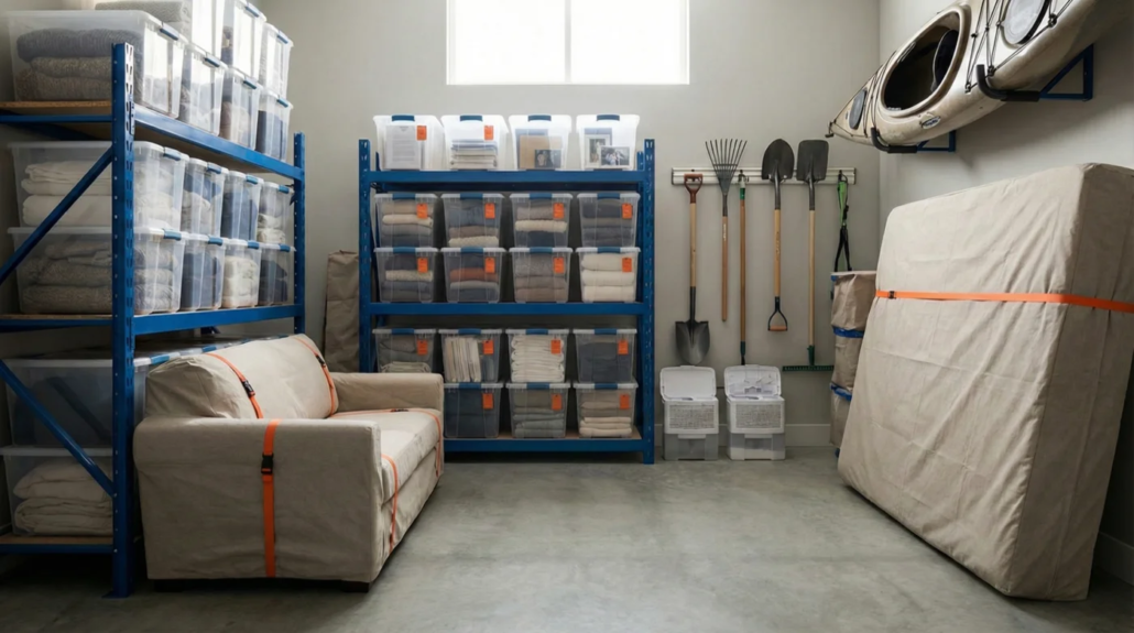 Winter storage setup in Victoria showing furniture, electronics, clothing, documents, and outdoor gear protected from moisture