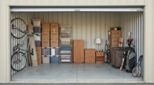 5x5 self storage unit showing boxes furniture bike luggage and sports equipment neatly organized