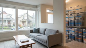 Organized condo living room with off-site storage system using labeled bins to create more space at home