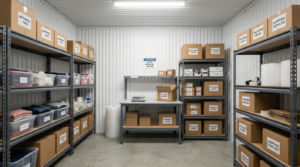 Organized off site inventory storage unit used by Victoria retailers with labeled shelves and boxed products