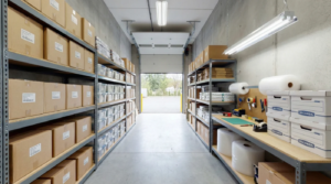 Small business storage unit in Victoria with organized shelves for inventory, documents, and equipment