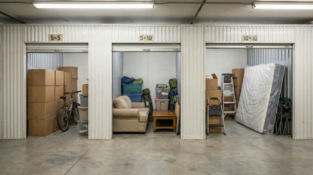 Side by side comparison of 5x5, 5x10, and 10x10 storage units showing what fits in each size for Victoria apartments