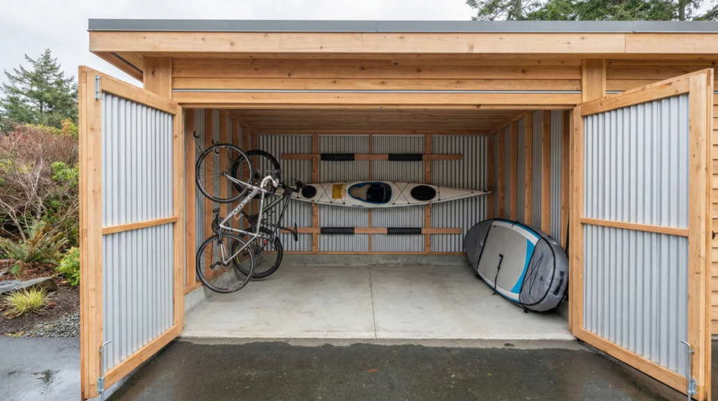 Organized storage unit in Victoria with kayaks, bicycles, and stand up paddleboards stored safely