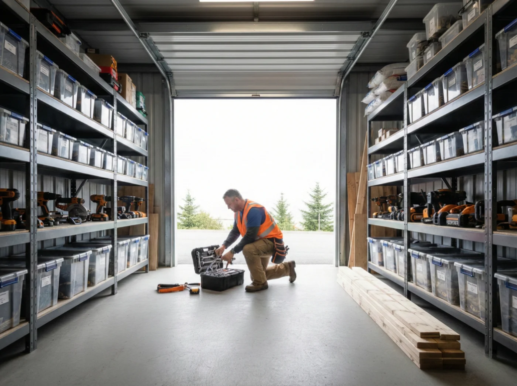 Contractor organizing tools inside a secure self storage unit in Victoria with shelving and labeled bins