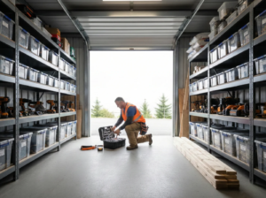 Contractor organizing tools inside a secure self storage unit in Victoria with shelving and labeled bins
