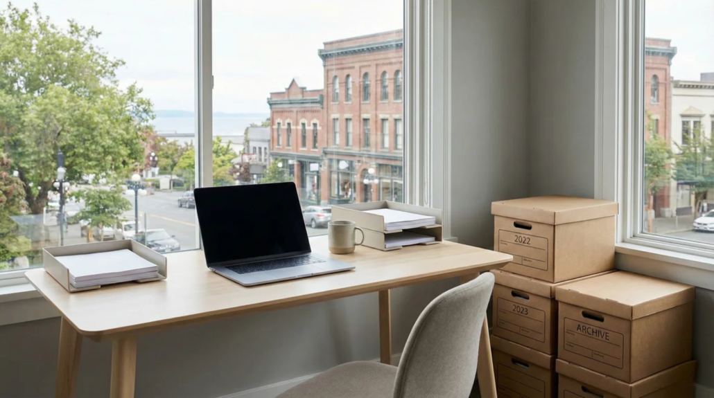 Organized office desk with labeled document storage boxes helping clear office clutter during tax season in Victoria