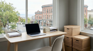 Organized office desk with labeled document storage boxes helping clear office clutter during tax season in Victoria