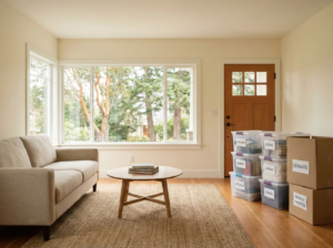 Bright Victoria living room during downsizing with labeled storage bins and donation boxes neatly organized near the entrance.