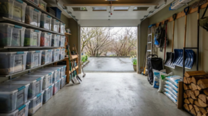 Organized garage with labeled storage bins during early spring cleaning in a Victoria home
