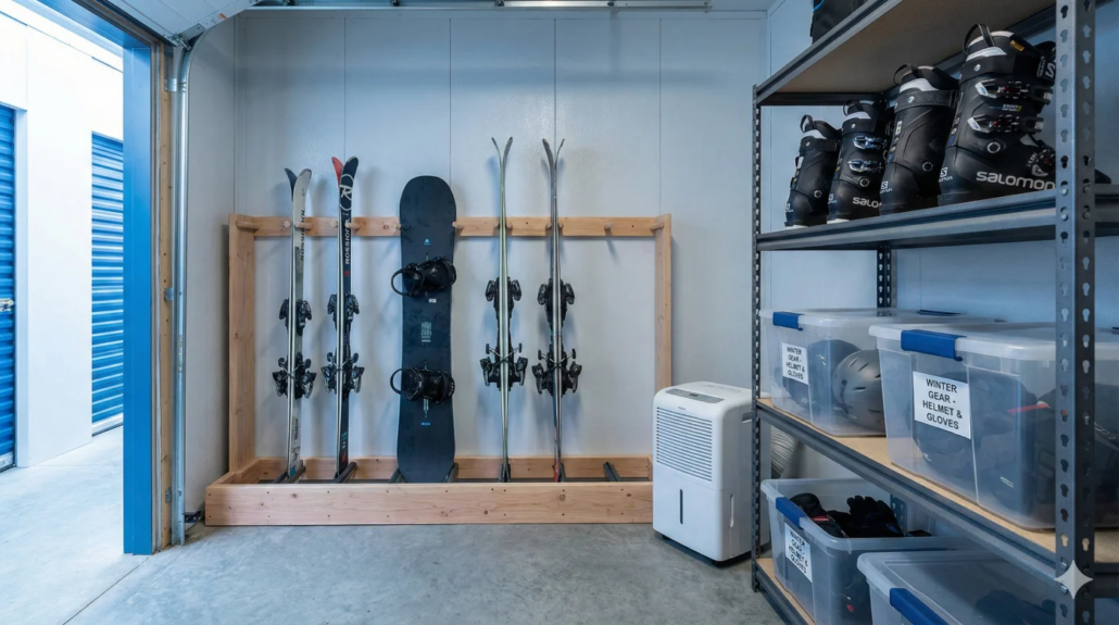 Skis and snowboard stored upright in organized Victoria storage unit with labeled plastic bins and dehumidifier