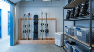 Skis and snowboard stored upright in organized Victoria storage unit with labeled plastic bins and dehumidifier