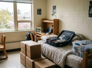 UVic student dorm room in spring with packed boxes and suitcase during April move out in Victoria BC