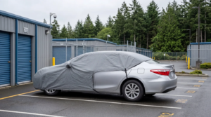 A silver sedan partially covered with a grey protective vehicle cover parked in a designated stall at a Victoria self-storage facility with security cameras.