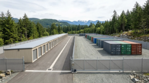 A large outdoor storage facility in Victoria BC featuring both traditional drive-up storage units and various shipping containers, set against a backdrop of mountains and evergreen trees.